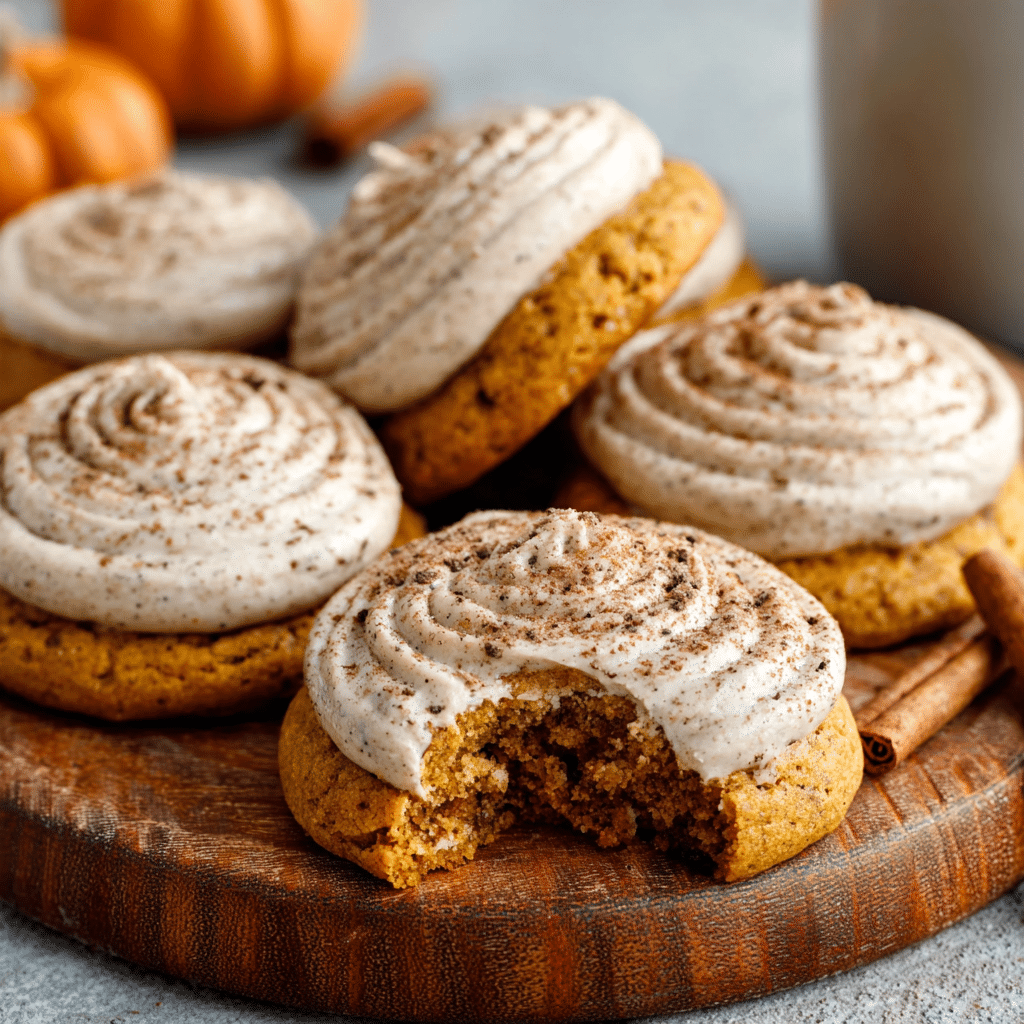 Soft Pumpkin Cookies with Cinnamon Frosting – Light, Fluffy & Perfect for Fall 1 Multiple soft pumpkin cookies with cinnamon frosting swirls arranged on a round wooden platter.