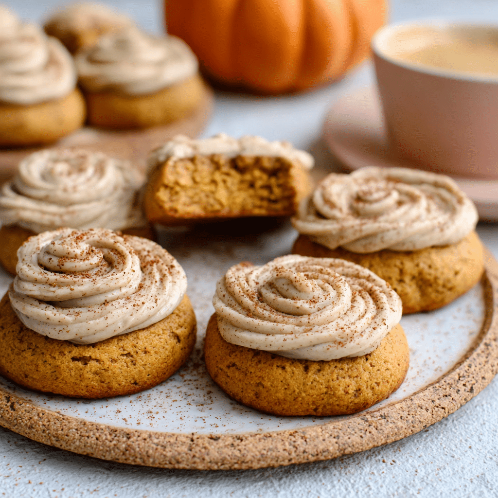 Stack of soft pumpkin cookies with cinnamon frosting, one cookie showing a bite taken out.