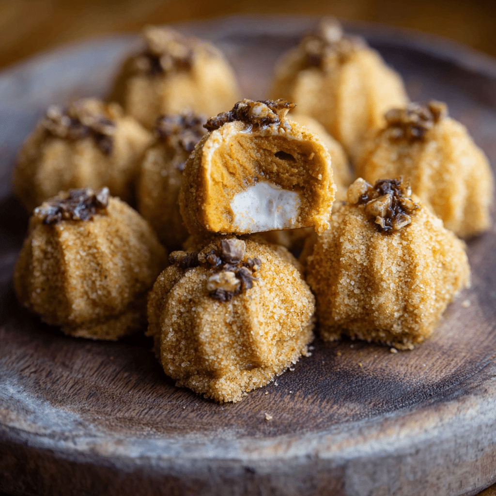 umpkin cheesecake truffles with caramel drizzle and mini chocolate chips on plate