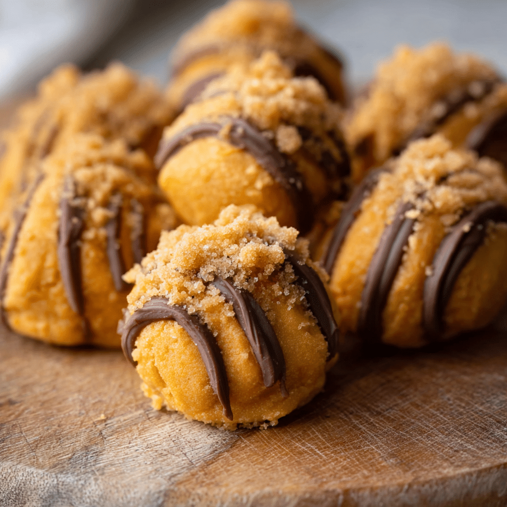 Pumpkin cheesecake truffles with dark chocolate drizzle and sugar crumb topping on plate