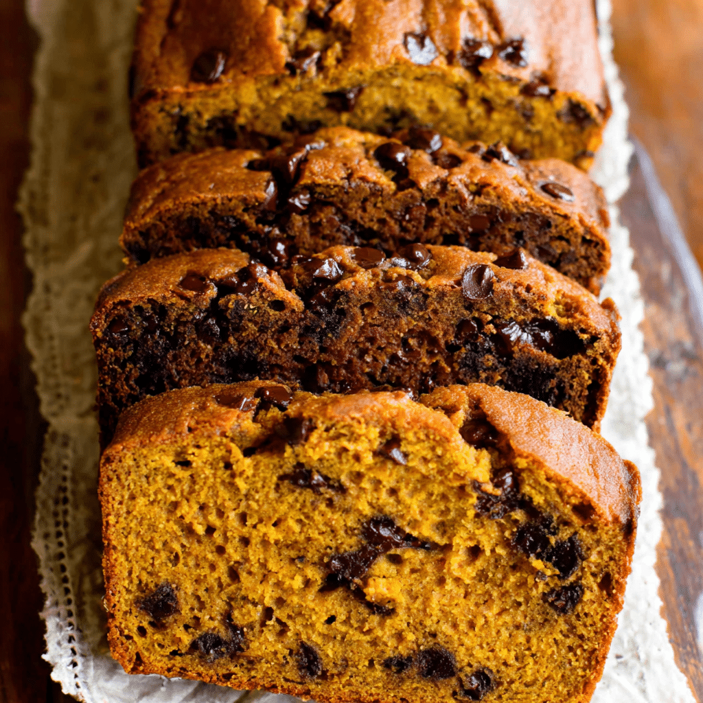 Pumpkin bread with chocolate chips, sliced and arranged neatly on a rustic linen.