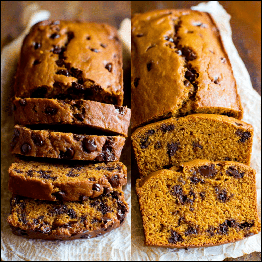 Pumpkin Bread Variations – Classic, Chocolate Chip & Cream Cheese Swirl 1 Pumpkin bread loaf cut into slices, showing rich orange crumb and chocolate chips.