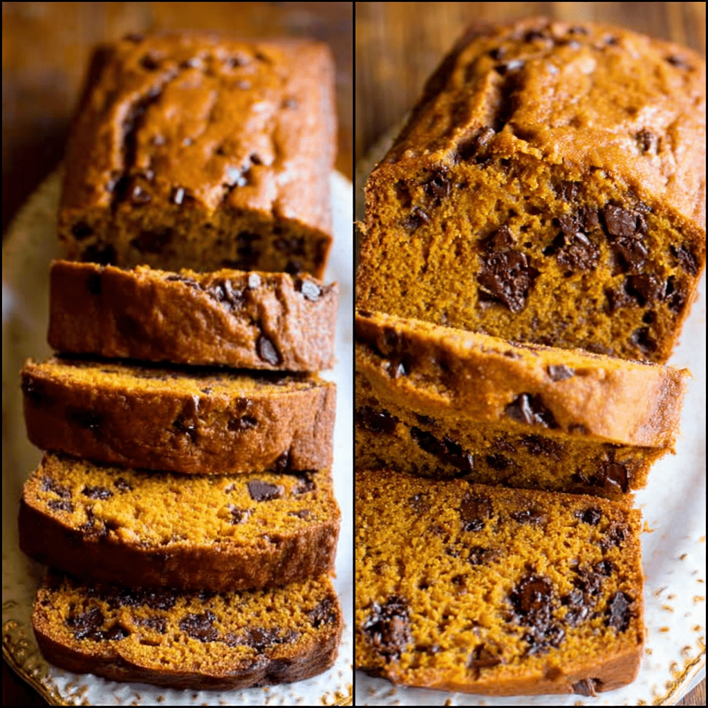 Sliced pumpkin bread loaf with chocolate chips, displayed on a white plate.