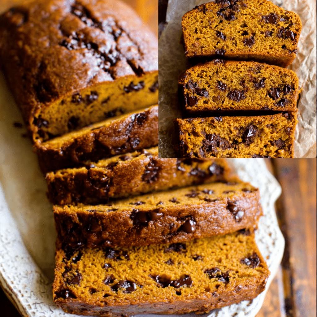 Close-up of sliced pumpkin bread with melted chocolate chips on a serving plate.