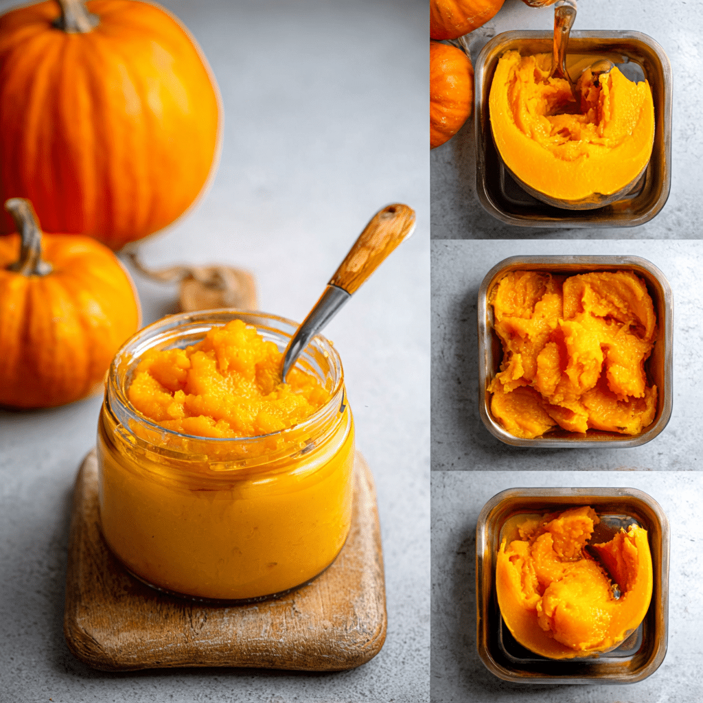 How to Make Pumpkin Puree at Home – Fresh, Easy & Delicious 3 Homemade pumpkin puree in a glass jar and step-by-step roasted pumpkin preparation