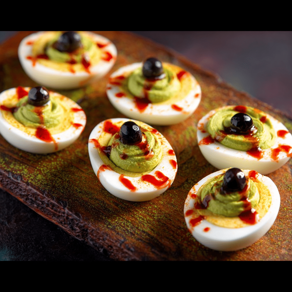 Halloween Appetizers (Witch Broomstick Snacks & Spider Web Dip) 6 Halloween deviled eggs with avocado filling, olive eyes, and hot sauce drizzle