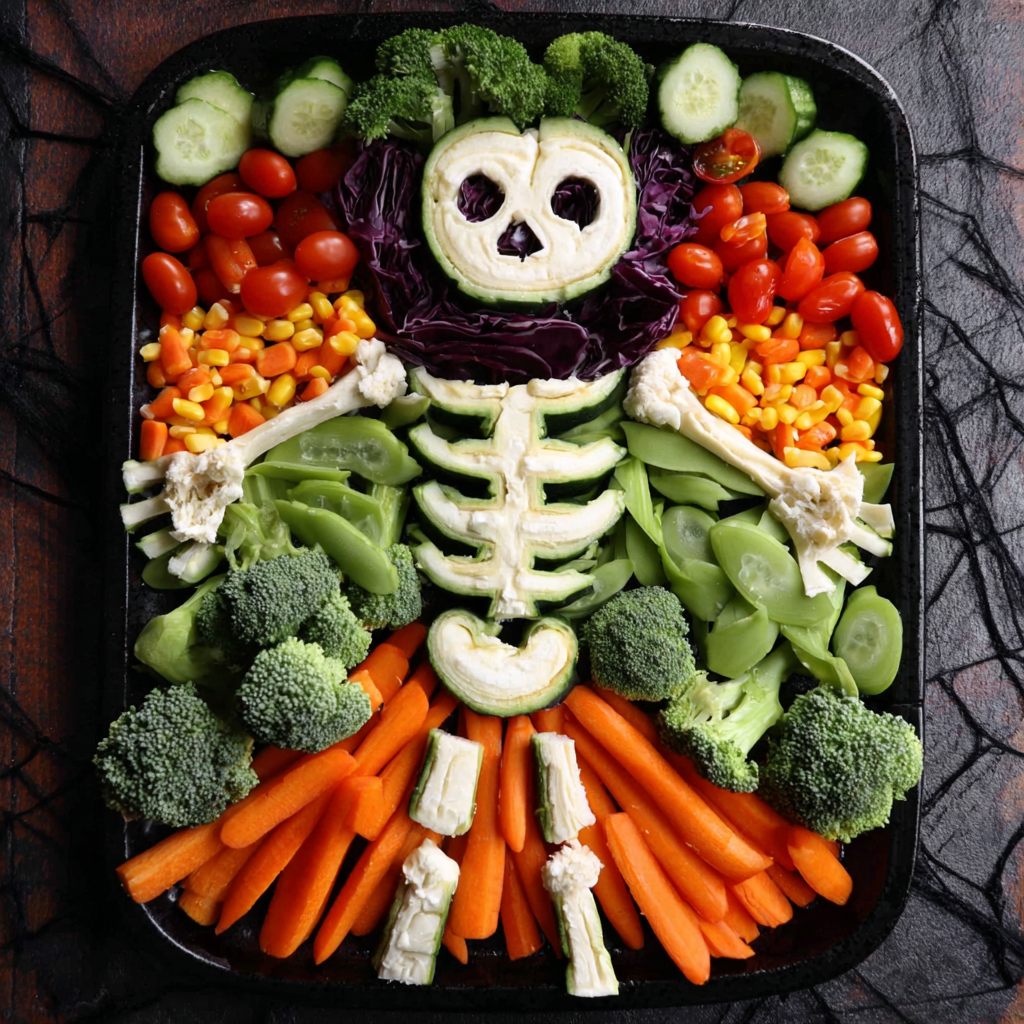 Quick & Easy Halloween Party Food (Finger Foods, Mummy Hotdogs, Eyeball Pasta) 3 Spooky Halloween Veggie Skeleton Platter – Healthy Party Tray