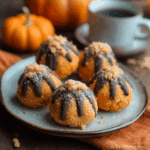 Pumpkin cheesecake truffle with creamy cheesecake filling topped with candied pecans