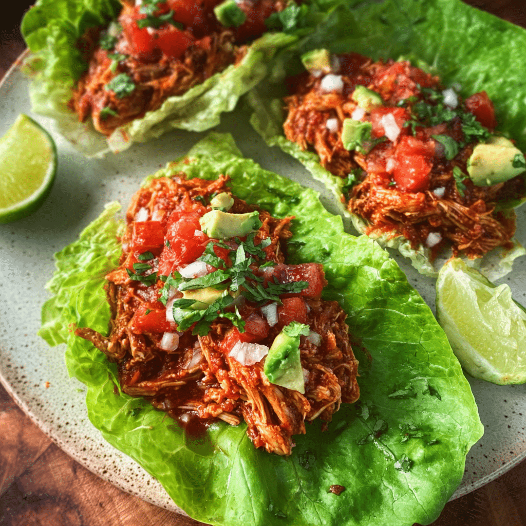 Chicken Tinga Lettuce Wraps with avocado and salsa