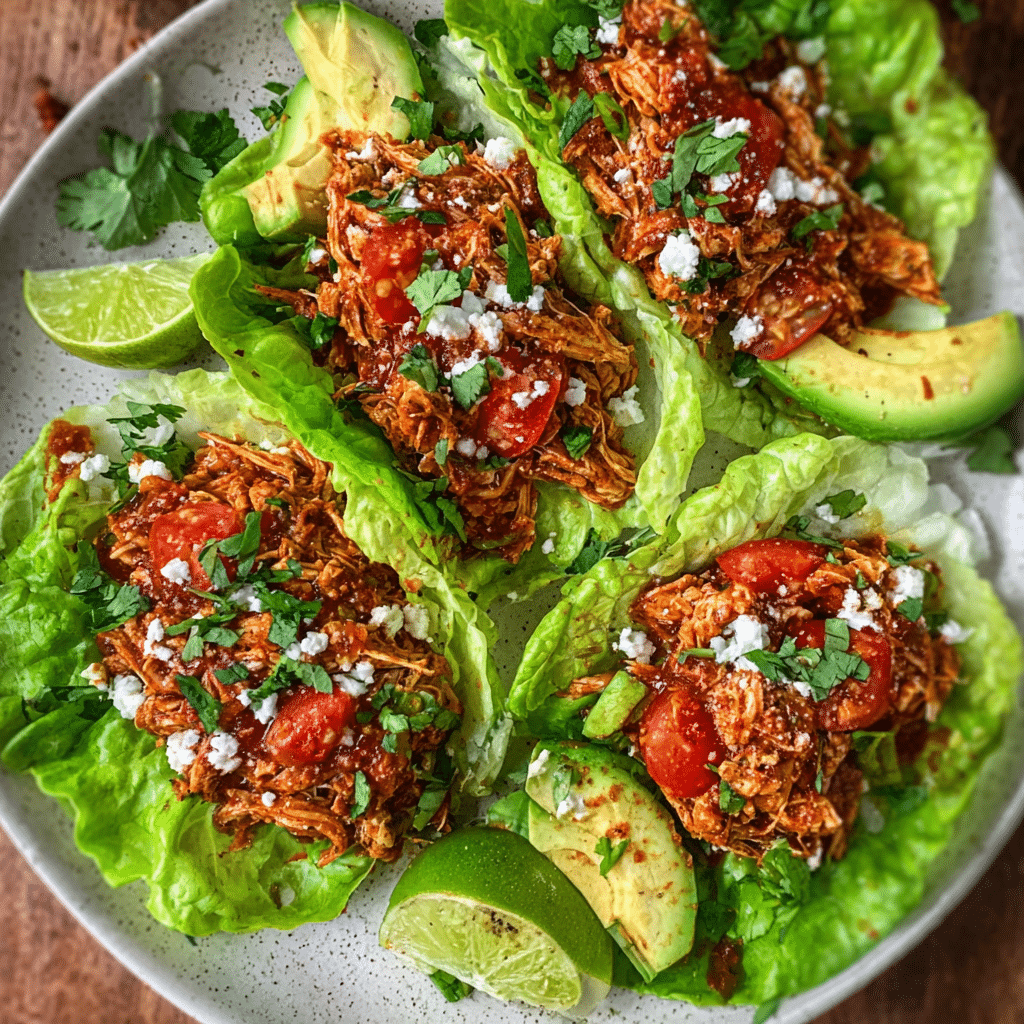 Chicken Tinga Lettuce Wraps (Light, Spicy & Summer-Ready) 1 Chicken Tinga Lettuce Wraps with tomatoes and avocado