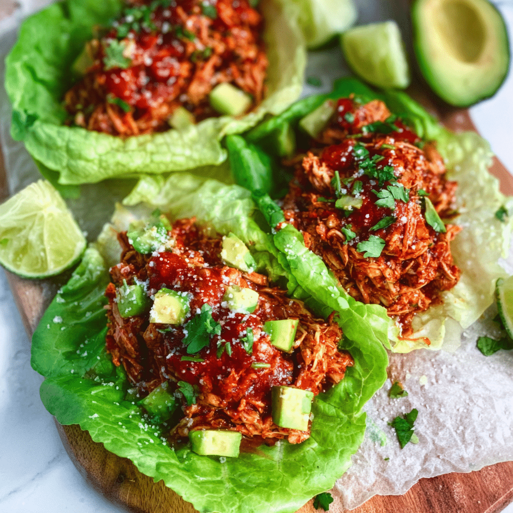 Chicken Tinga Lettuce Wraps (Light, Spicy & Summer-Ready) 4 Chicken Tinga Lettuce Wraps topped with pico de gallo
