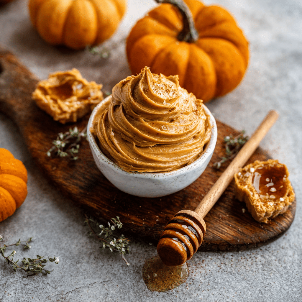 Whipped pumpkin spice honey butter in a speckled bowl with cinnamon sticks