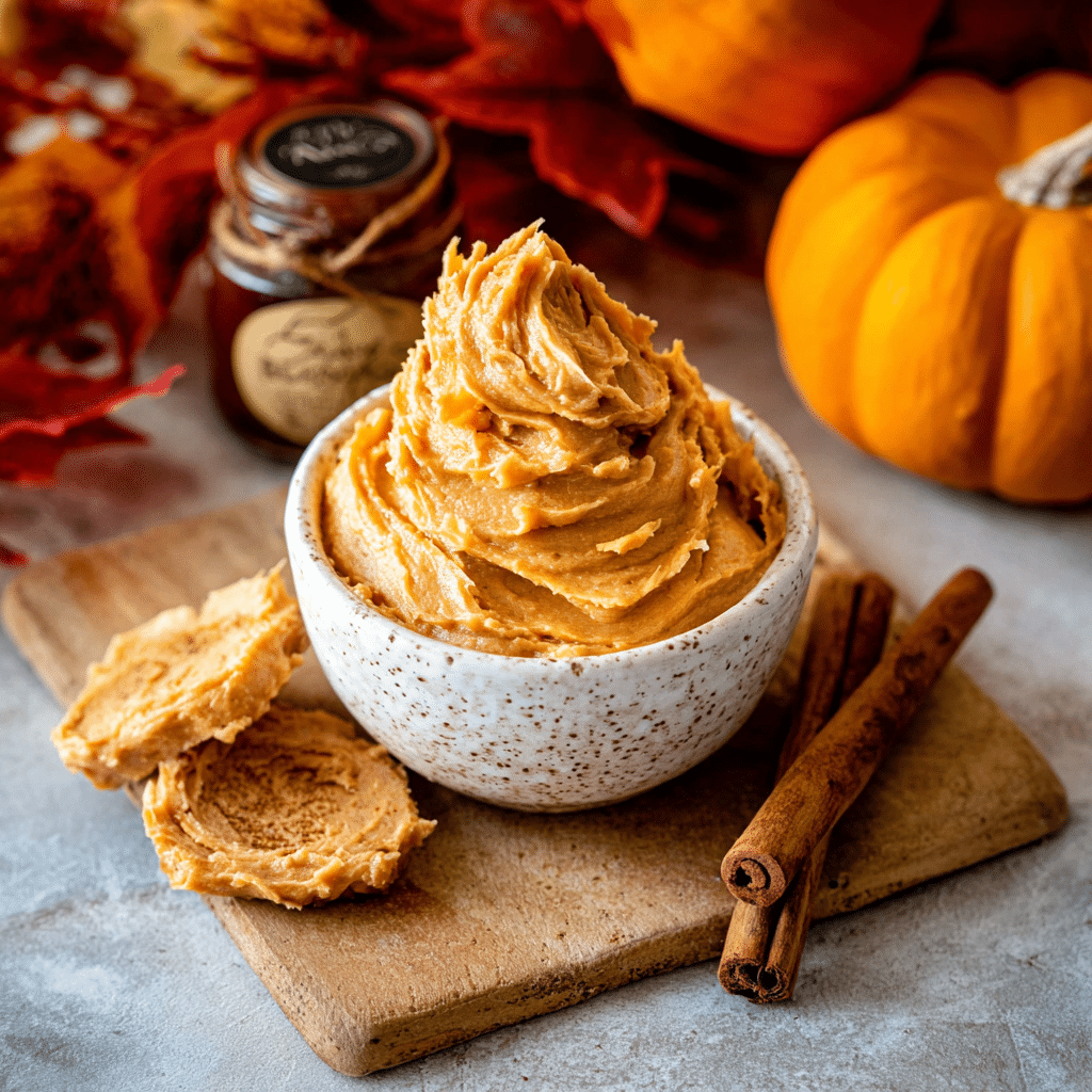 Whipped Pumpkin Spice Honey Butter – Sweet, Creamy & Perfect for Fall 1 Autumn whipped pumpkin spice honey butter in a white bowl with honey dipper and pumpkins