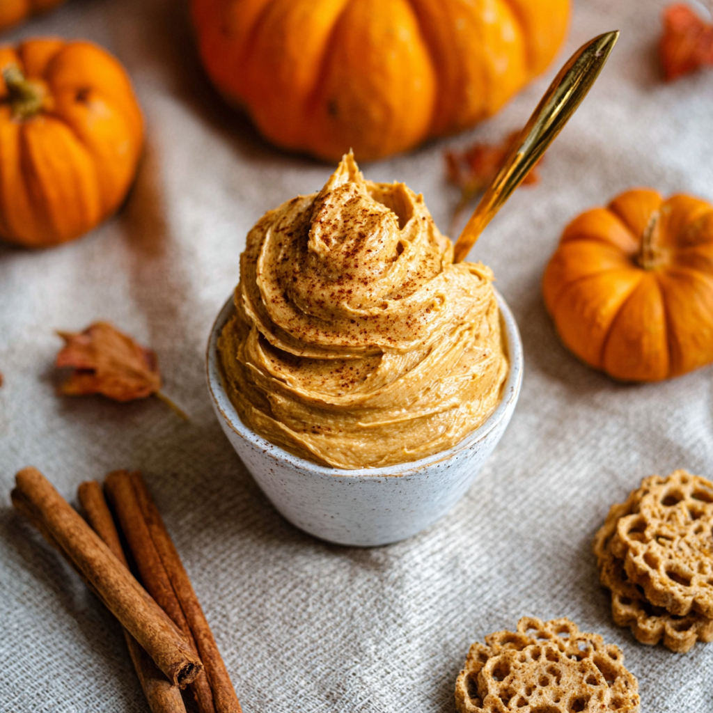 Pumpkin Recipes for Fall 2025: Sweet & Savory Ideas 7 Whipped pumpkin spice honey butter in a ceramic cup with bread slice and autumn background