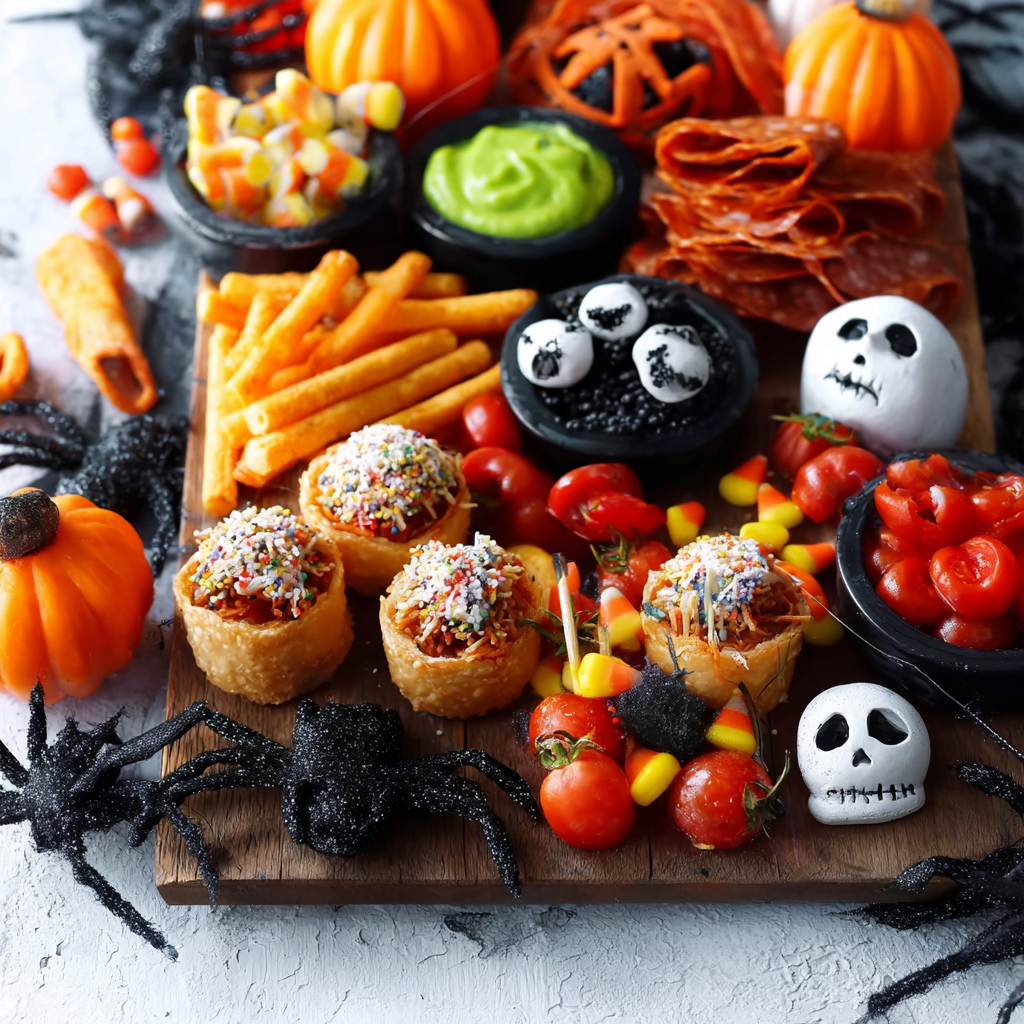 Quick and easy Halloween party snacks with candy corn, guacamole dip, pepperoni, mini pumpkins, and skull decorations