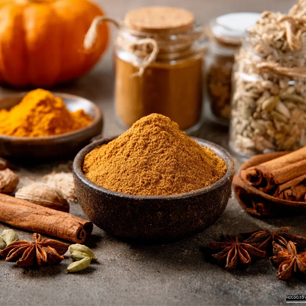 Bowl of pumpkin spice blend with cinnamon sticks and star anise on table