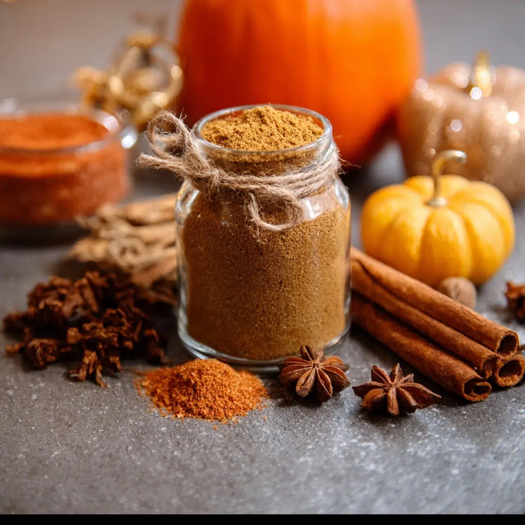 Pumpkin spice blend in a glass jar with cinnamon sticks and star anise