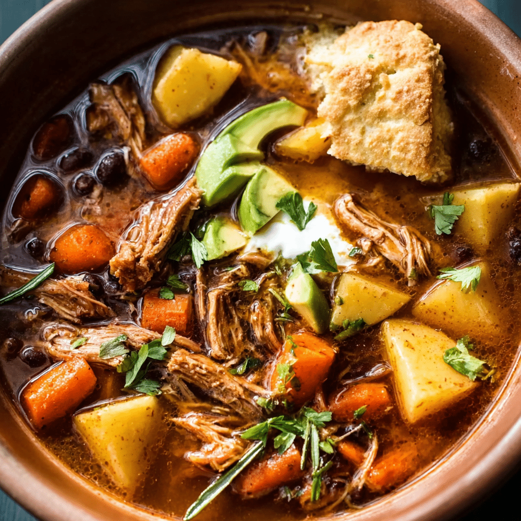 Best Crockpot Dinners for Fall Nights (Comfort in Every Bite) 3 Rustic bowl of crockpot chicken stew with carrots, potatoes, avocado, black beans, and cornbread, perfect for fall comfort food.