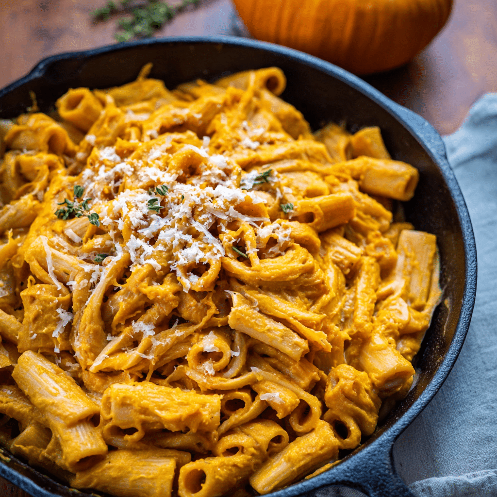 Pumpkin Pasta Sauce: 5 Irresistible Recipes You’ll Love 3 Pumpkin pasta sauce on rigatoni in cast iron skillet with herbs