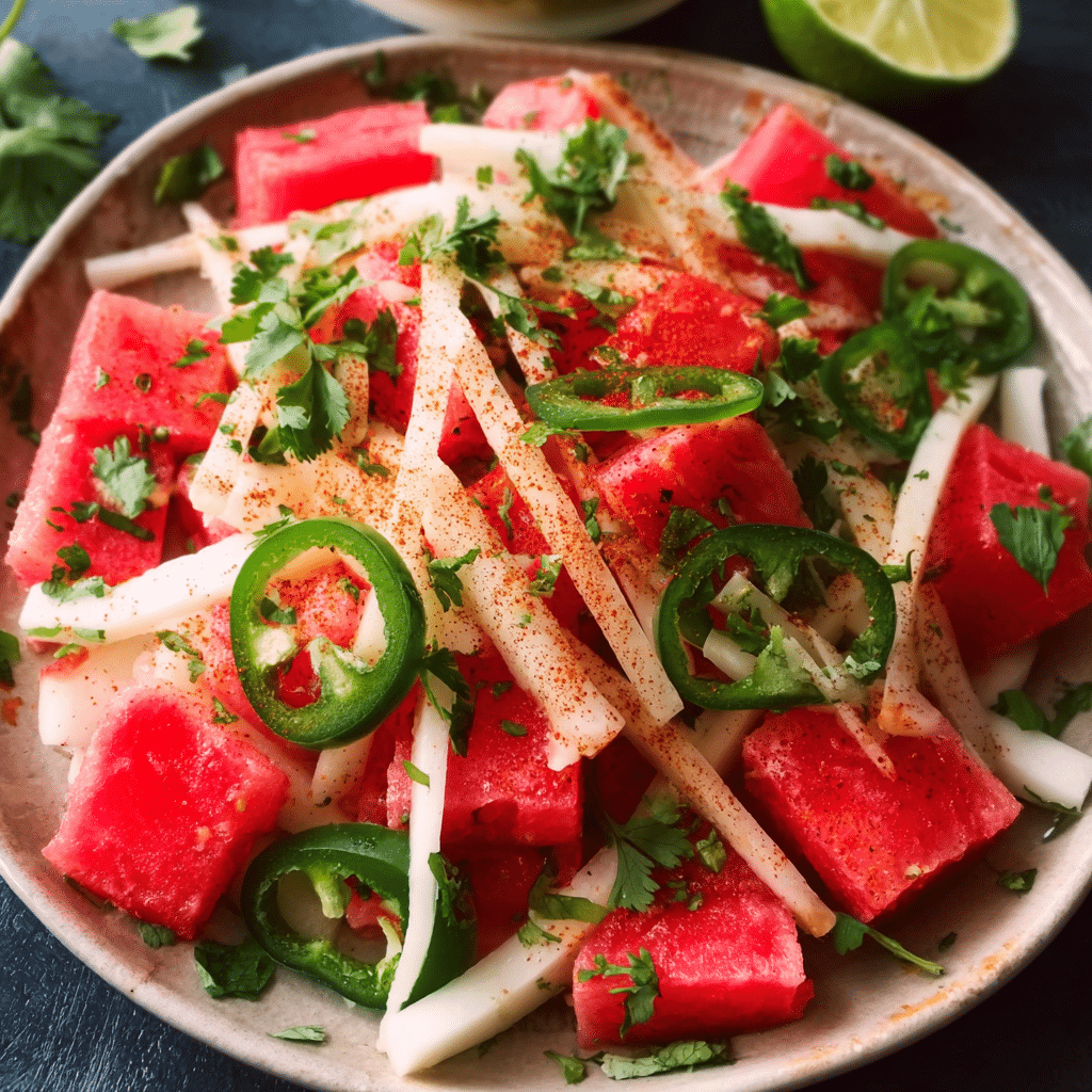 Watermelon Jicama Salad with Tajín and fresh cilantro