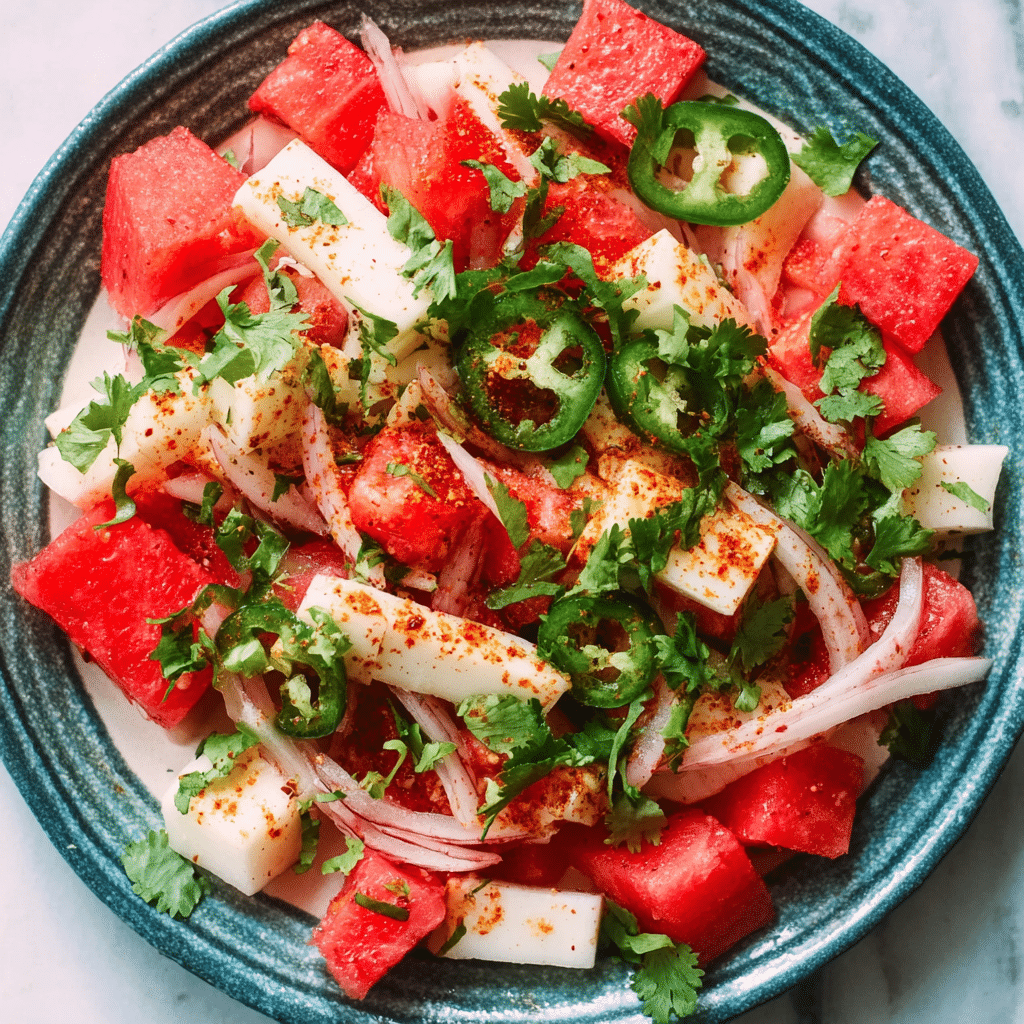Watermelon Jicama Salad with Tajín (Crisp, Juicy & Ready in Minutes) 1 Watermelon Jicama Salad with Tajín and onions