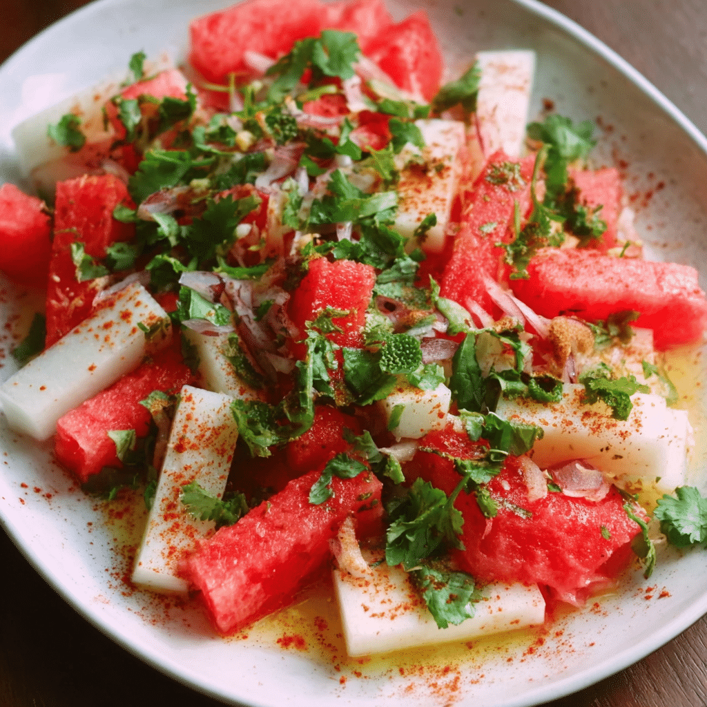 Watermelon Jicama Salad with Tajín and jalapeño slices