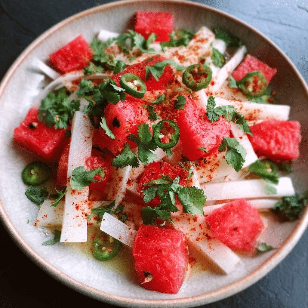Watermelon Jicama Salad with Tajín and lime