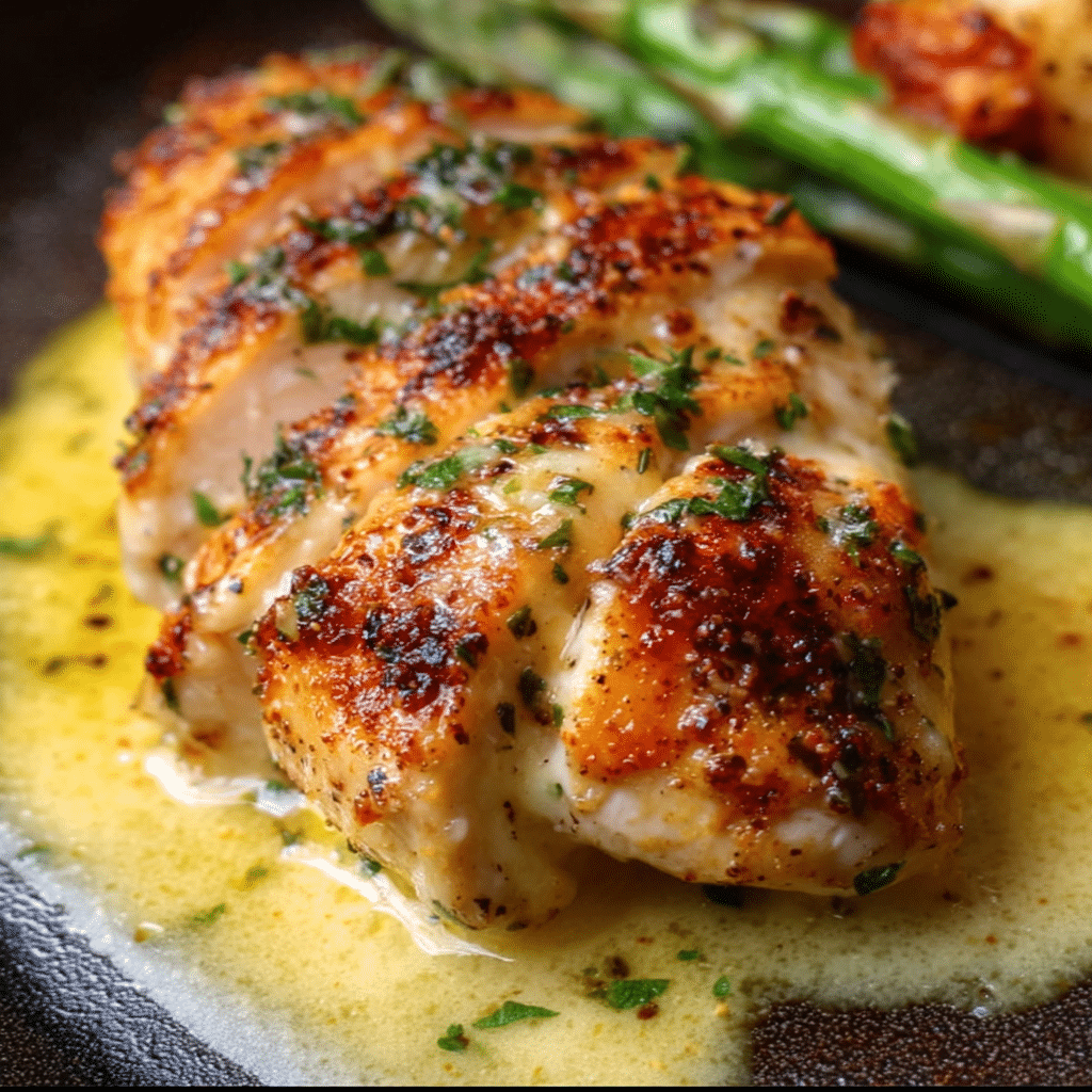 Golden Melt In Your Mouth Chicken Breast with butter sauce and asparagus