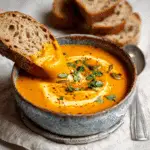 Pumpkin soup recipe with cream drizzle and fresh herbs