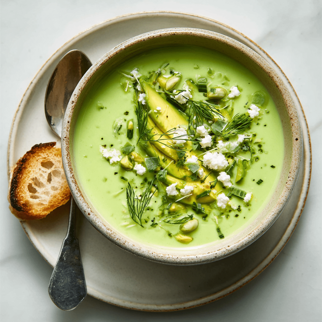 Chilled Avocado and Cucumber Soup (Cold & Creamy in 10 Minutes) 1 Chilled Avocado and Cucumber Soup with edible flowers and corn