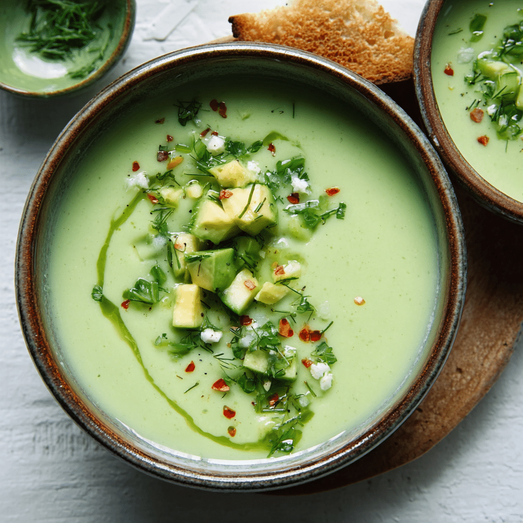 Chilled Avocado and Cucumber Soup (Cold & Creamy in 10 Minutes) 4 Chilled Avocado and Cucumber Soup with chives and toast