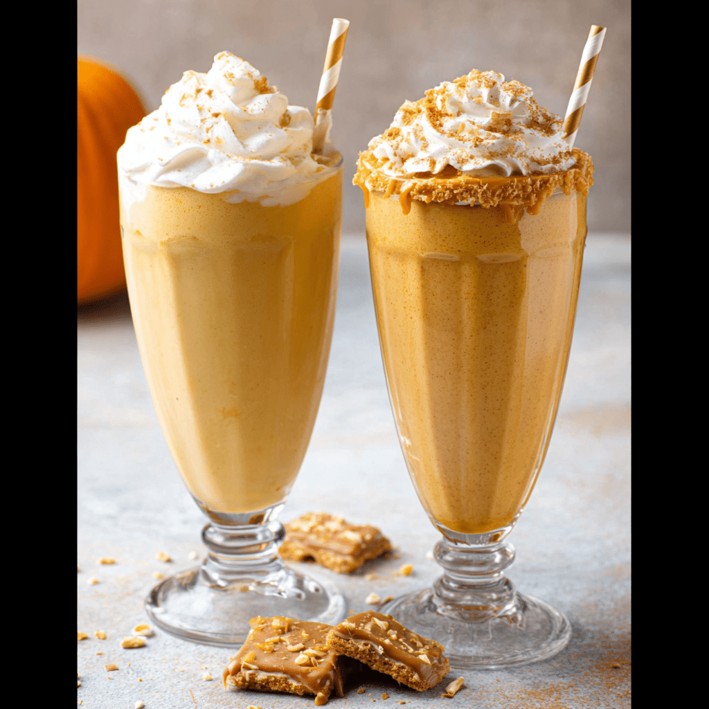 Pumpkin smoothies and  milkshakes with graham cracker rim and caramel