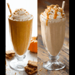 Pumpkin smoothies and milkshakes with caramel drizzle and pumpkin spice