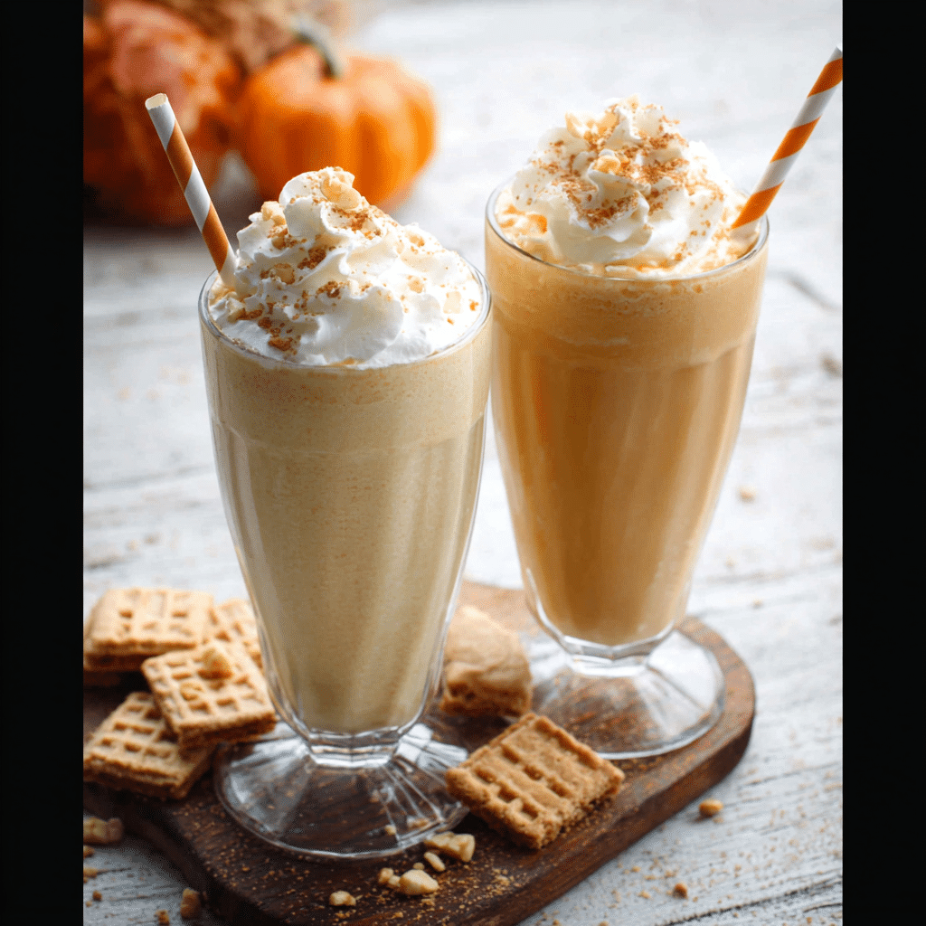 Pumpkin smoothies and milkshakes with whipped cream and cookie crumble