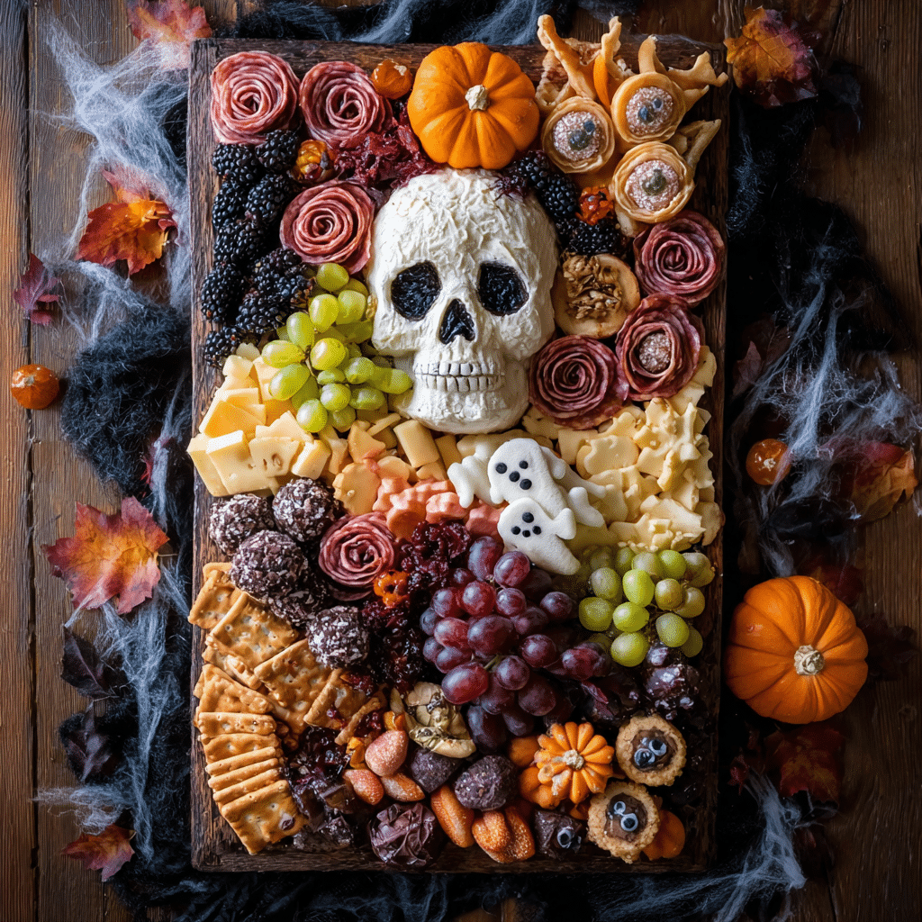 Halloween Charcuterie Board (Sweet & Savory Party Platter) 3 Halloween charcuterie board with skull cheese centerpiece, grapes, crackers, meats, and spooky treats