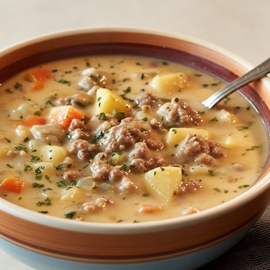 Creamy Potato & Hamburger Soup 2 Hearty cheeseburger soup with beef, potatoes, onions, and carrots in creamy broth