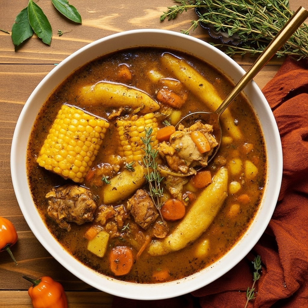 Nourishing Jamaican Chicken Soup 2 Jamaican-style chicken soup with corn, dumplings, and thyme served in bowls