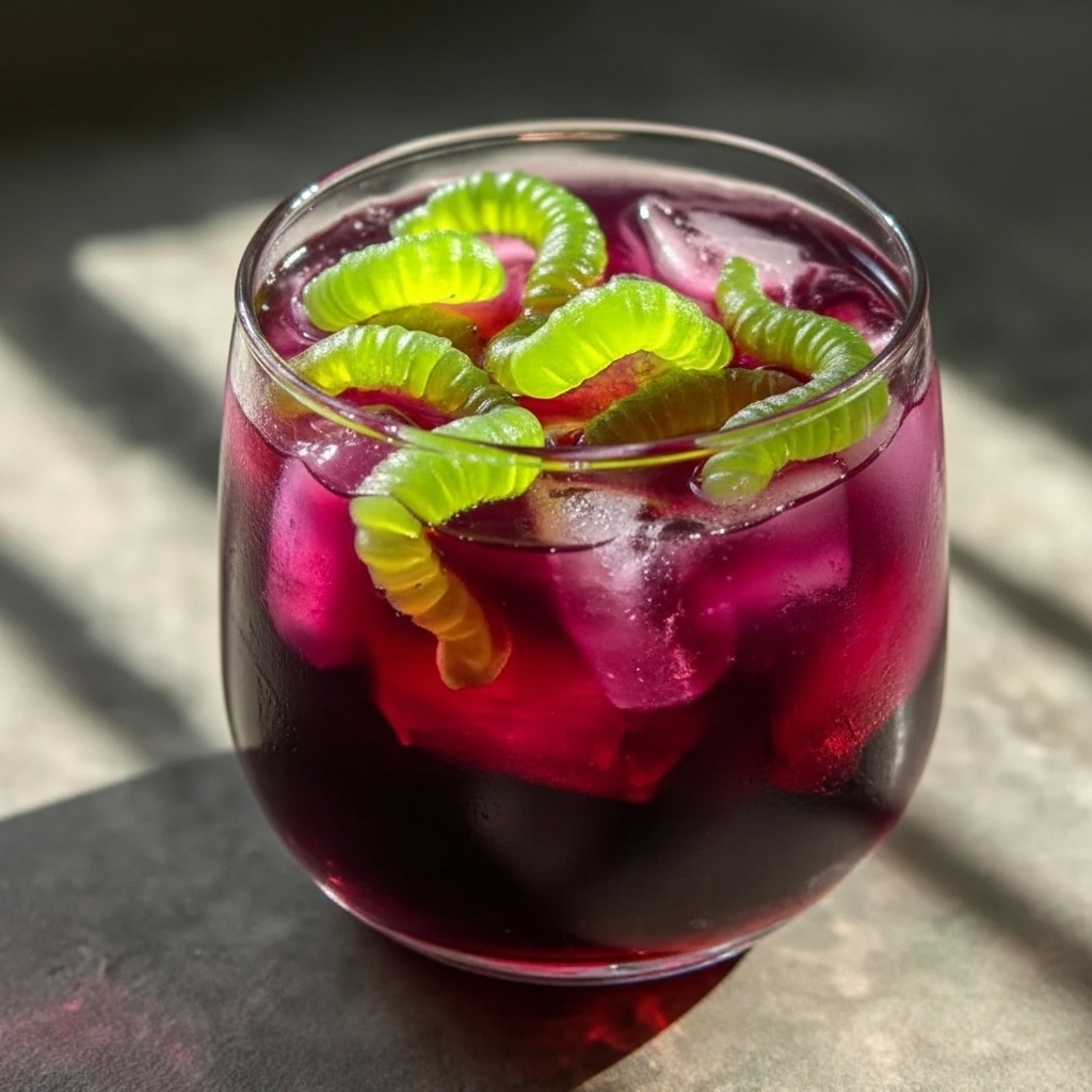 halloween-gummy-worm-drink-purple-juice.png Halloween gummy worm drink with purple juice and ice cubes in a glass