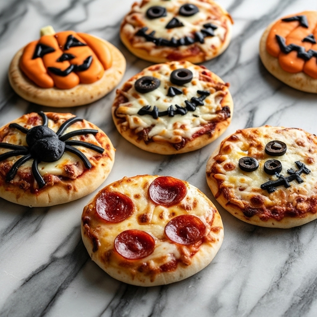 Mini Halloween pizzas topped with spooky cheese faces, spider design, and pepperoni