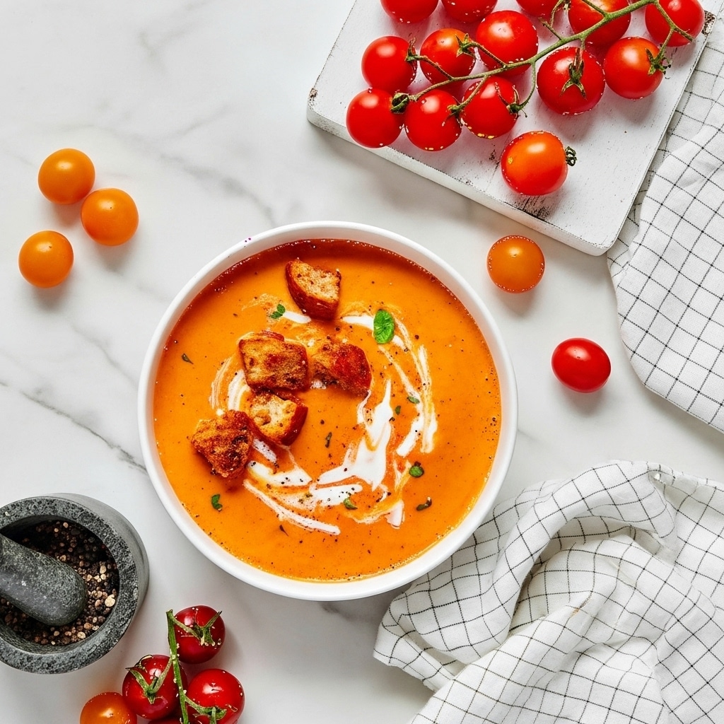 Halloween Snacks: Creamy Roasted Garlic Tomato Soup 1 Creamy roasted garlic tomato soup topped with croutons and swirl of cream on marble background