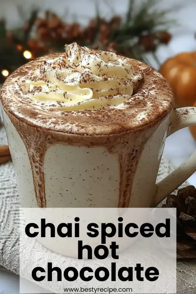Chai Spiced Hot Chocolate 1 A mug of chai spiced hot chocolate topped with whipped cream and spices.
