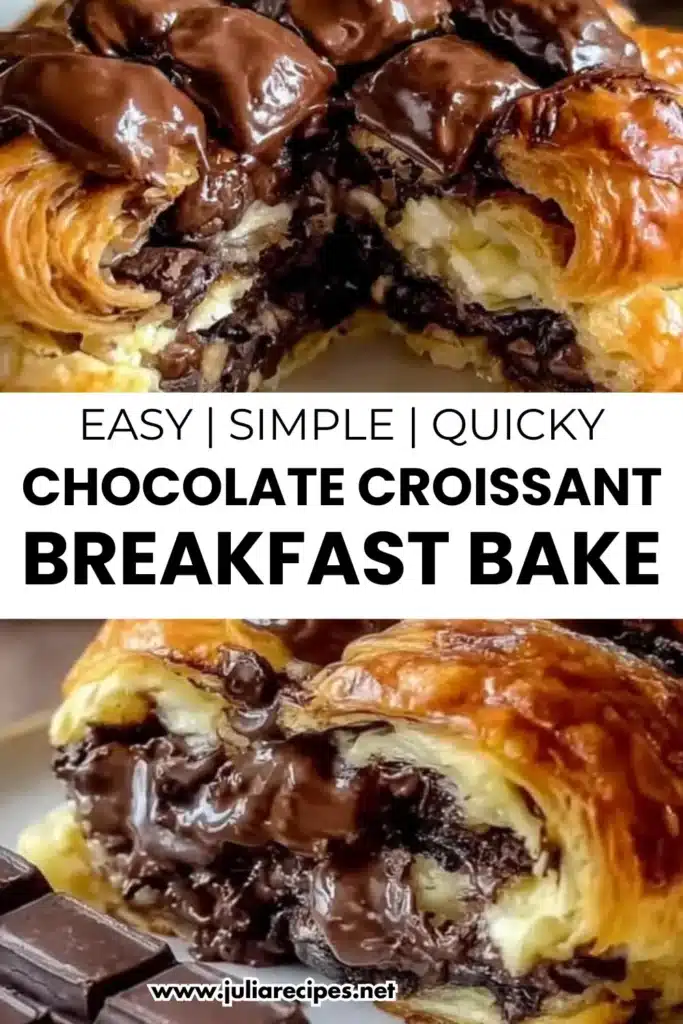 Chocolate Croissant Breakfast Bake 1 Chocolate croissant breakfast bake with melted chocolate and flaky pastry layers