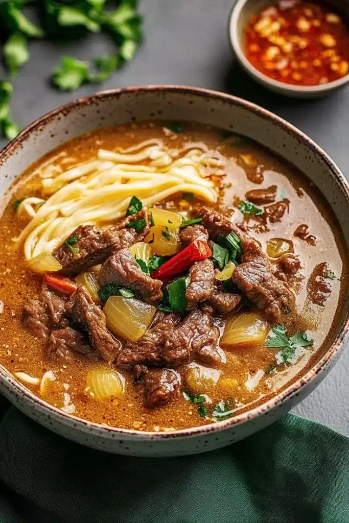 Bowl of delicious satay beef noodle soup garnished with herbs