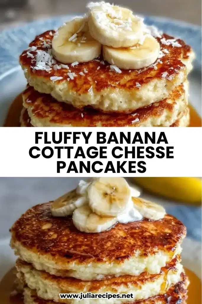 Fluffy Banana Cottage Cheese Pancakes 1 Fluffy banana pancakes made with cottage cheese served on a plate