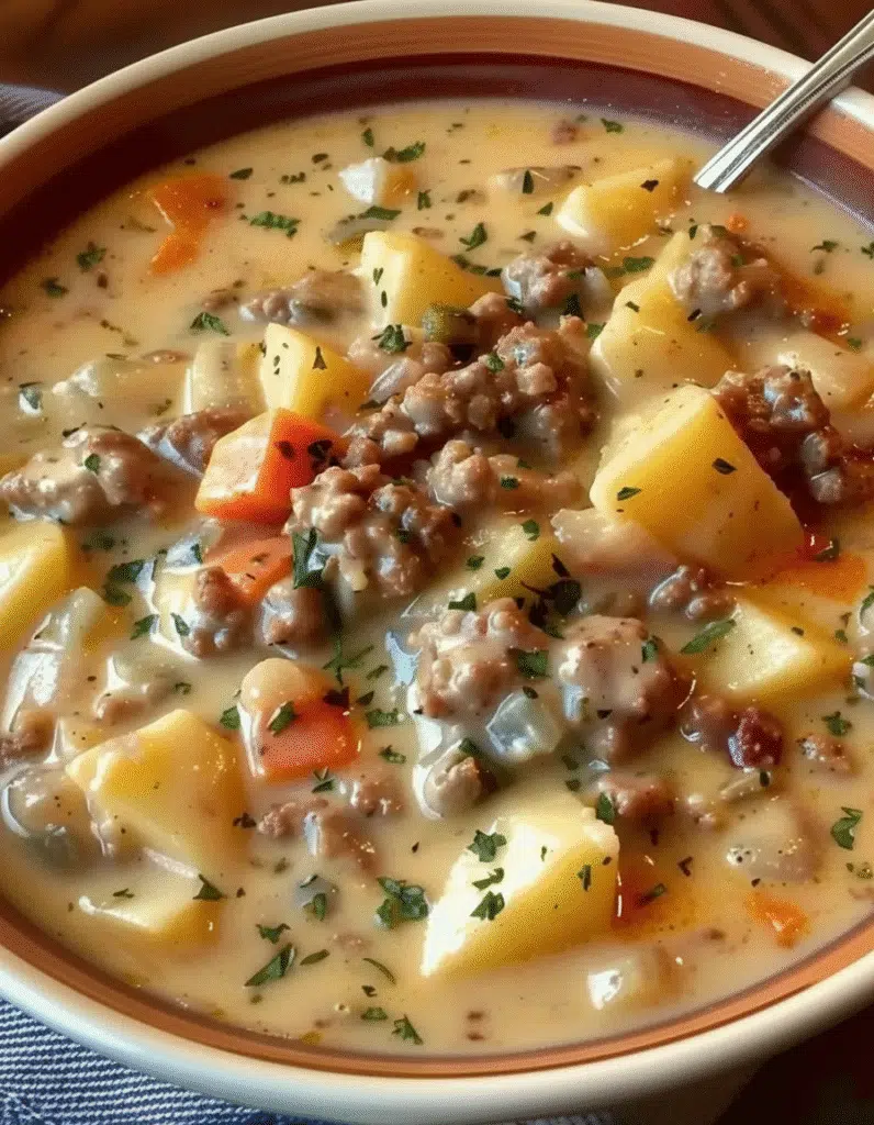 Creamy cheeseburger soup with ground beef, potatoes, and carrots in a bowl