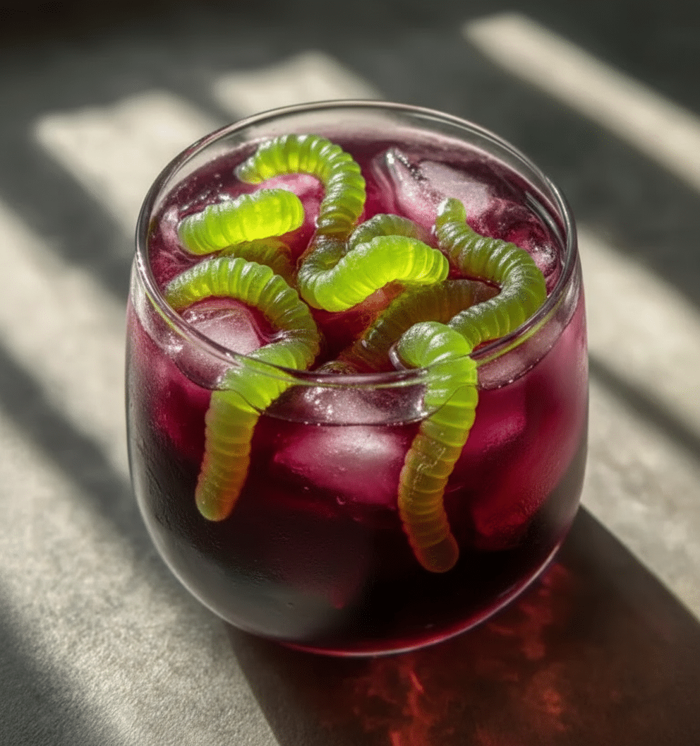 Witch's Potion Punch 1 Spooky purple Halloween drink with neon gummy worms on ice