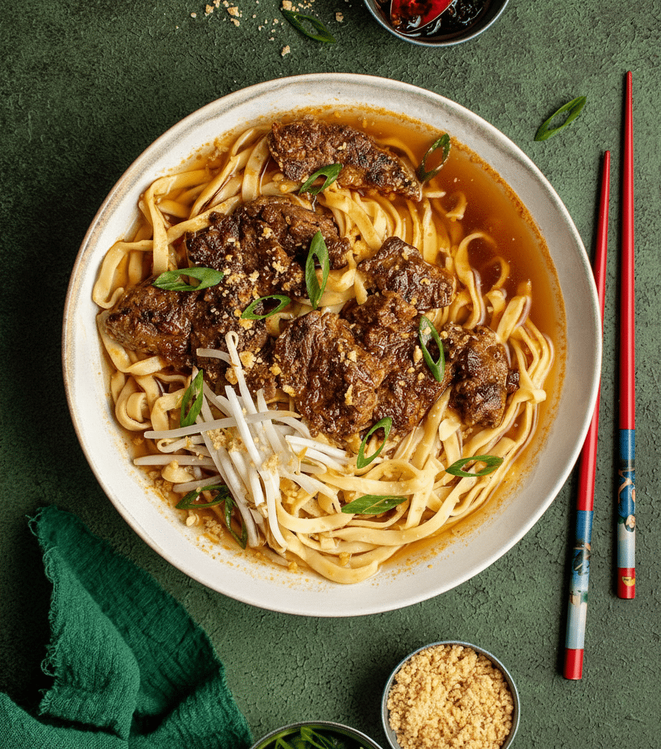 Satay Beef Noodle Soup with Tender Meat and Fresh Toppings Delicious satay beef noodle soup with tender beef, fresh bean sprouts, and scallions served in a flavorful broth.