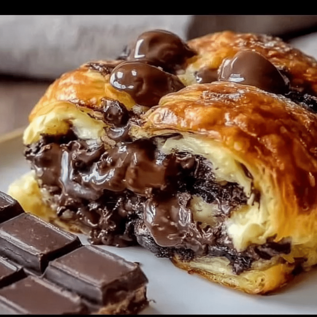 Chocolate croissant breakfast bake with melted chocolate and flaky pastry layers