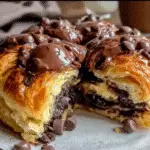Chocolate croissant breakfast bake with melted chocolate and flaky pastry layers