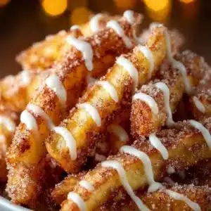 Plate of air fried apple fries served with caramel sauce